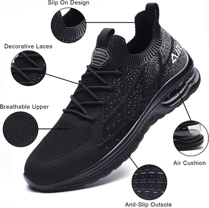 Women'S Air Running Shoes Breathable Athletic Tennis Shoes Sport Walking Sneakers Black 10